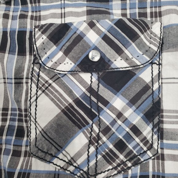 BKE Men's Slim Fit Stretch Blue/Gray Plaid Snap Front Long Sleeve Shirt X-Large - Picture 8 of 12